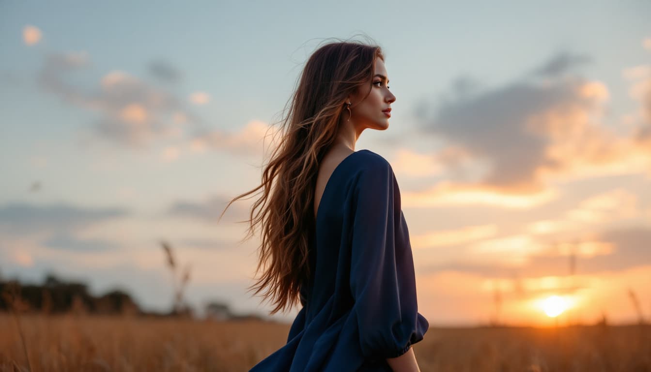 AI generated: Estilo tipo inspirador. 

Paisaje: campo al atardecer. 

Una mujer con el cabello largo suelto y lib...