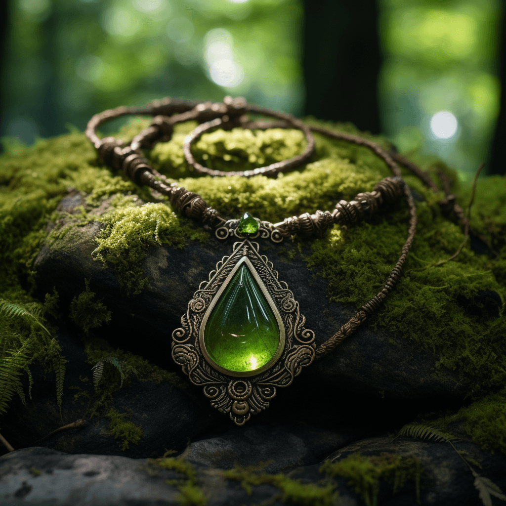 AI generated: elfish macrame jewelry necklace with glowing stone in the middle lying on moss in forest. photograph...