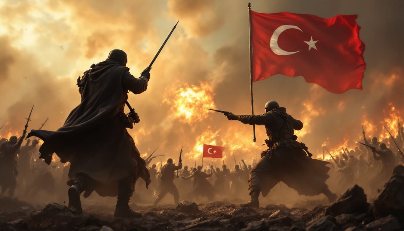 AI generated: epic scene of Christians and Muslims fighting together against evil terrorists, in the background Ge...