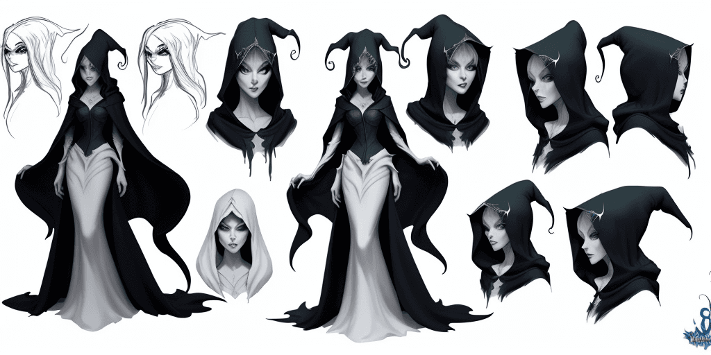 AI generated: Young beautiful witch Banshee with a hood on her head, head and body, close-up character design, sev...