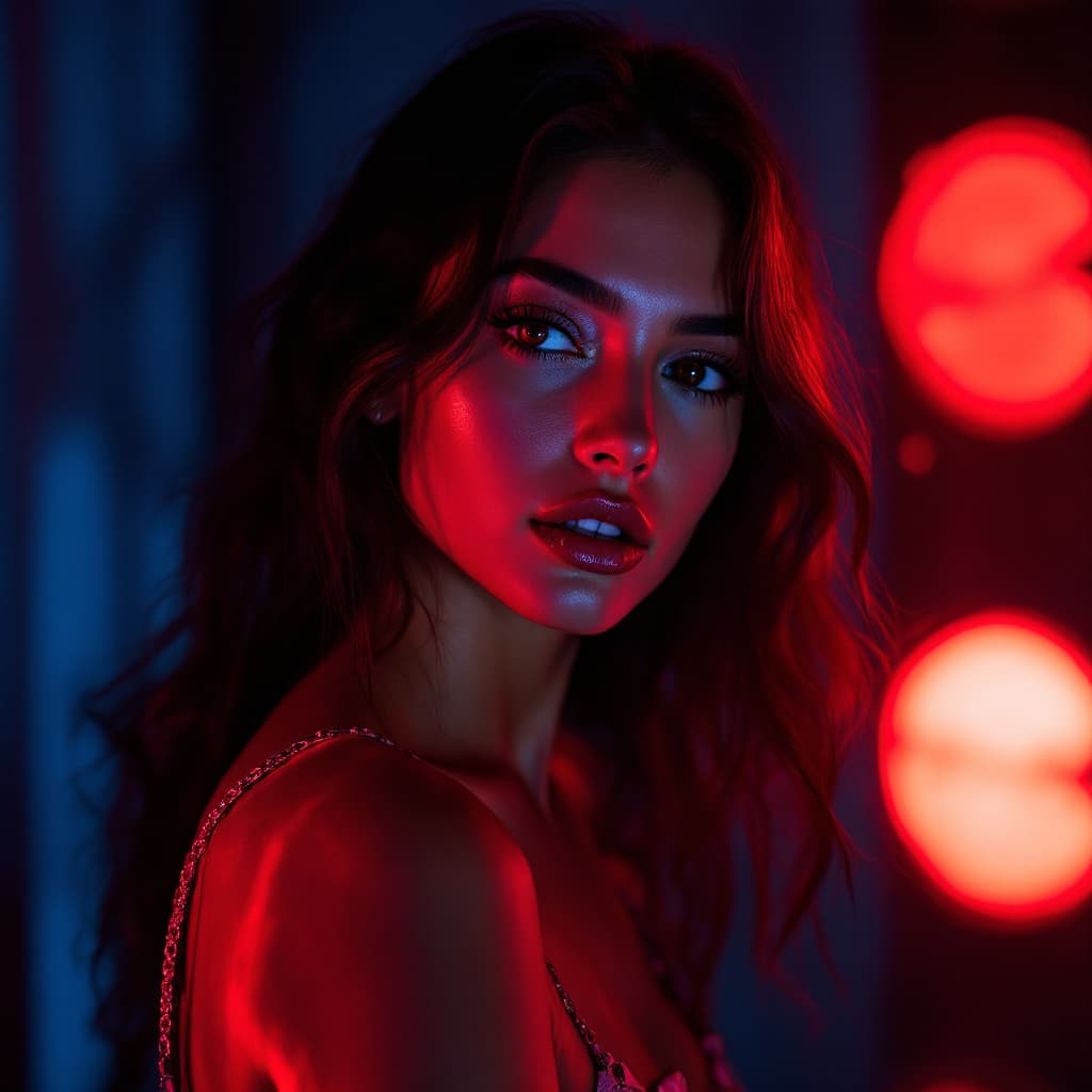 AI generated: fashion editorial, a portrait of young woman is studio red and blue lights, realistic photo, profess...