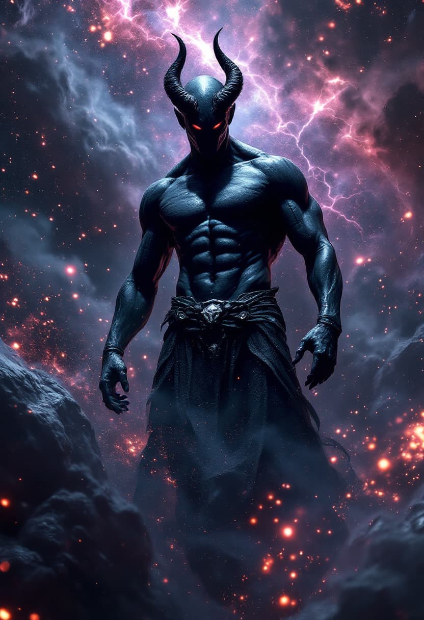 AI generated: God of Devils and Demons full-body, Etherial, muscular, Glowing Black eyes, Charcoal skin, epic, cin...