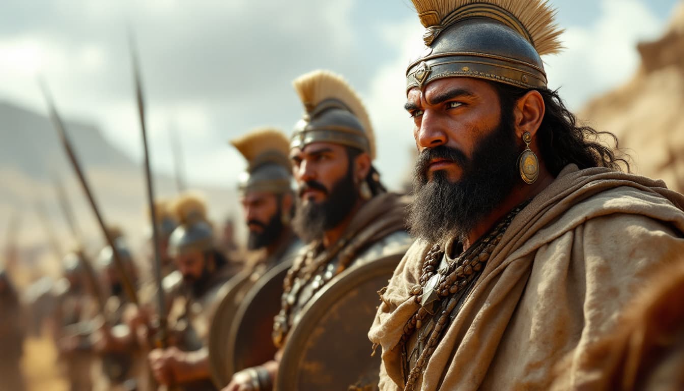 AI generated: Ultra-realistic.	Medium shot of a small group of warriors following Parushat, weapons in hand. [Warr...