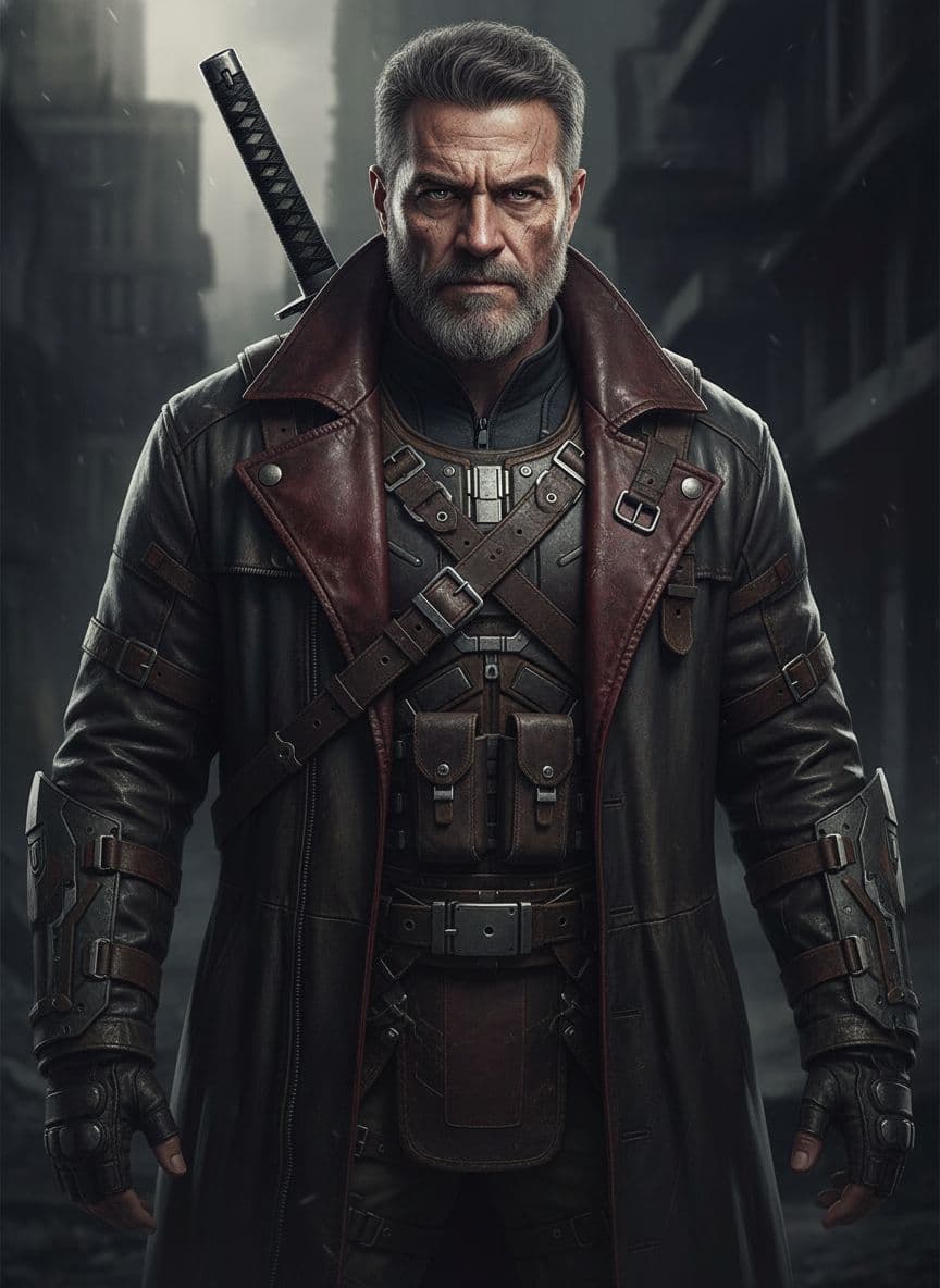 AI generated: man, approximately 60 years old,  wearing a dark, leather trench coat with a crimson lining and mult...