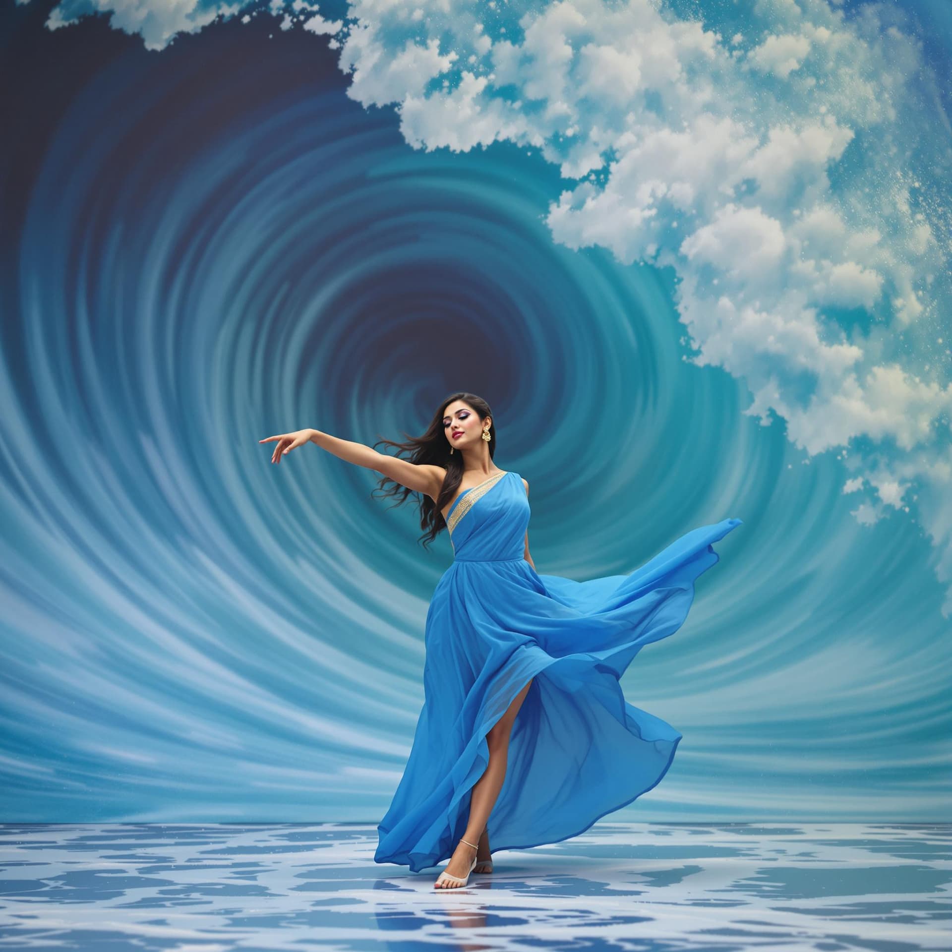 AI generated: The image features a Indian woman in a blue dress, gracefully dancing in front of a large wave. She ...