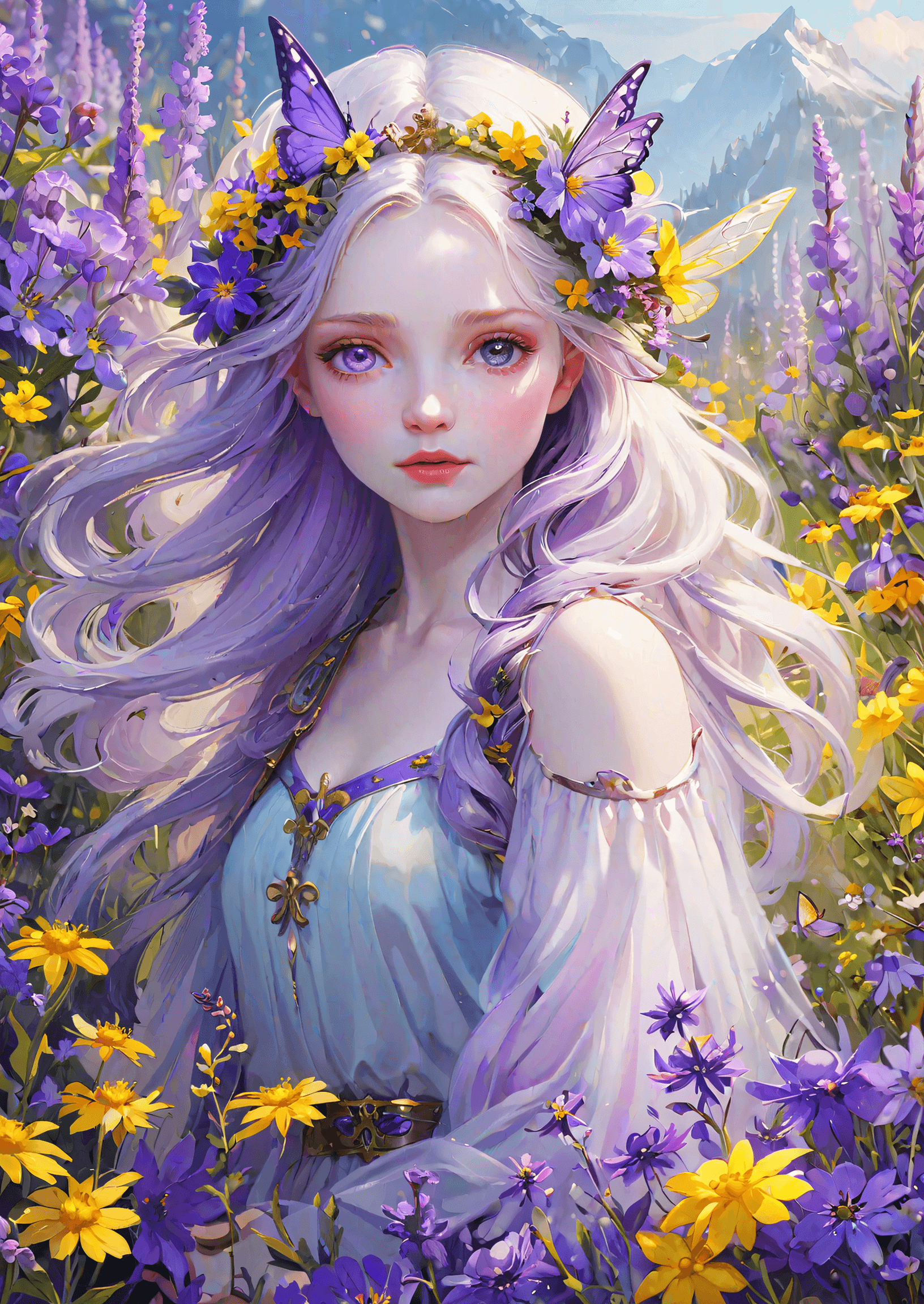 AI generated: Masterpiece, Stunning, Best quality, fairy goddess of spring, pale skin, surrounded by vividly color...