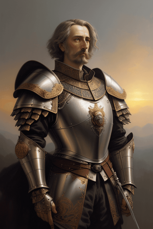 AI generated: breathtaking soft painting of Friedrich Wilhelm with intricate knight armor in a golden sky, realist...