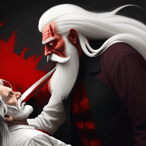 AI generated: a red demon stabbing an old man with long white hair and a big long white beard