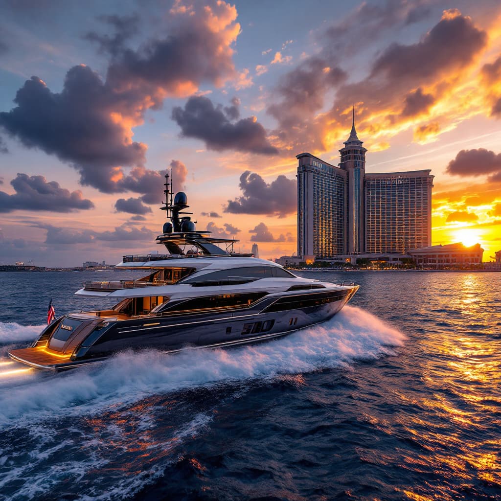 AI generated: Photograph a luxury 300' yacht cruising with the iconic atlantis hotel in the background, sunset, Ni...