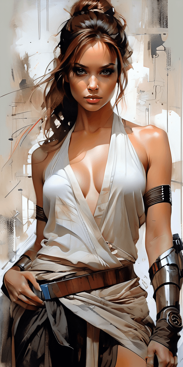 AI generated: full body portrait of a gorgeous female jedi, Star Wars themed, sparkling eyes, seductive, expressiv...