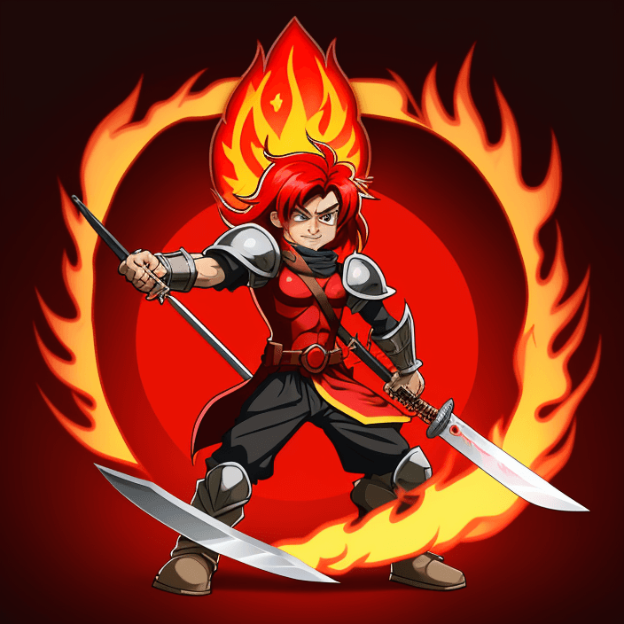 AI generated: logo, cartoon warior with a sword of fire inside red circle, red theme