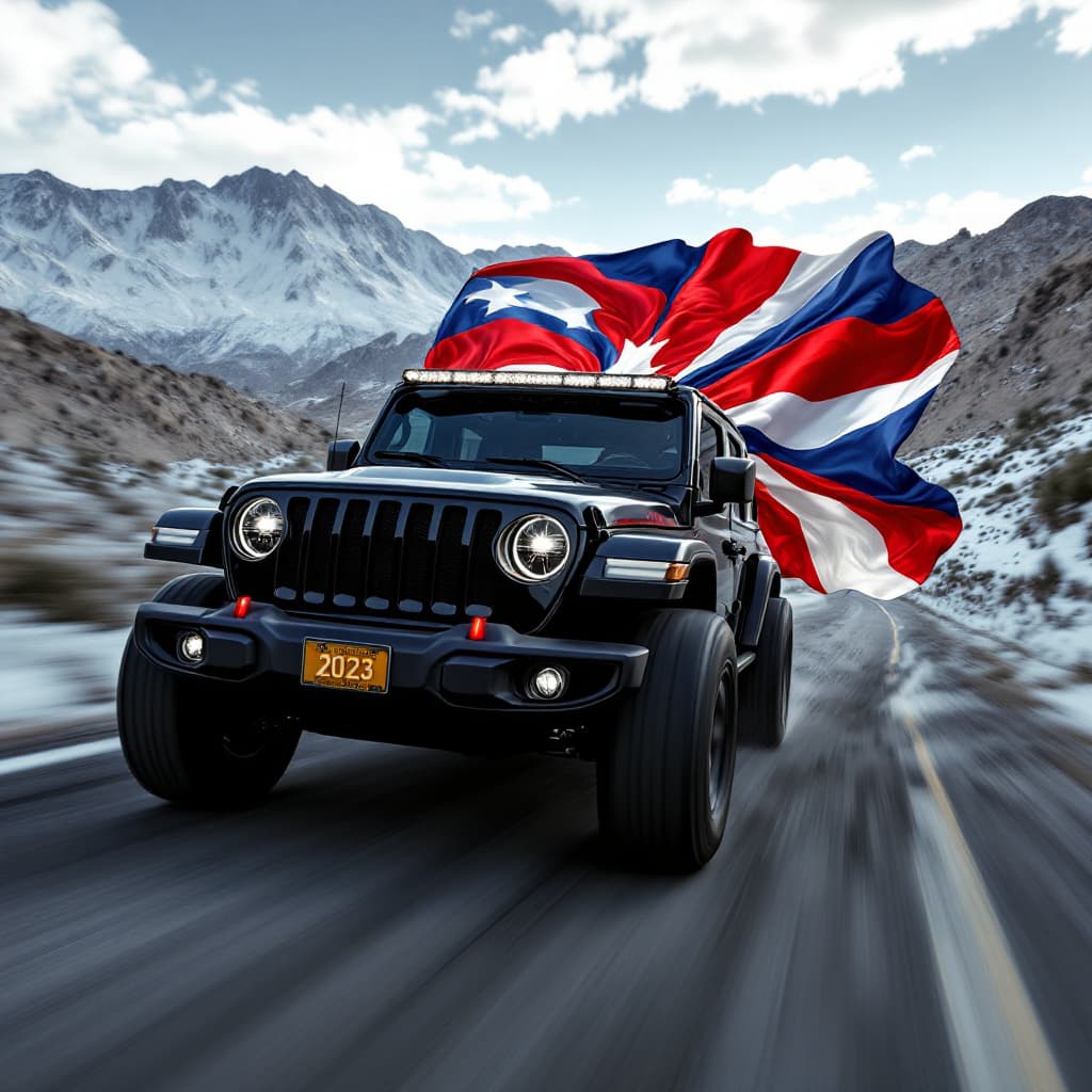 AI generated: Hyper realistic photo of a speeding 2023 Jeep Mojave color black, the jeep is heading towards the ca...