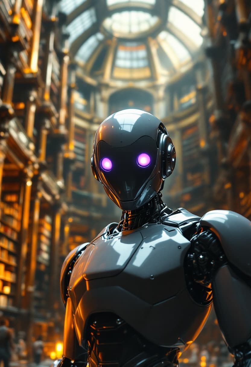 AI generated: A highly detailed cinematic shot capturing a humanoid robot from the knees up, with a reflective, do...