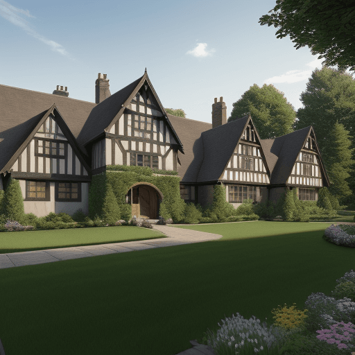 AI generated: Landscaping for a tudor house with a large open yard with bushes providing some privacy in high reso...