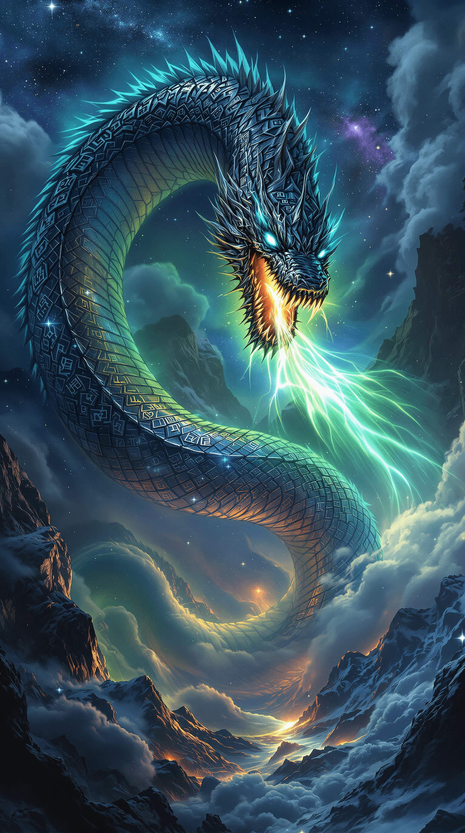 AI generated: Jörmungandr, the colossal Midgard Serpent, coiled tightly around the Earth in a scene of apocalyptic...