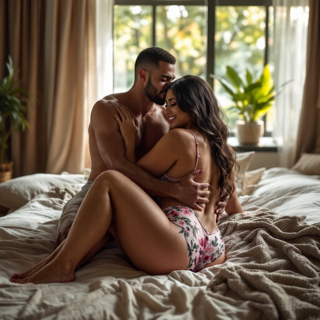 AI generated: Full view image of a Smart lean athletic fit boyfriend hugging a hot Indian smiling sexy busty plus ...