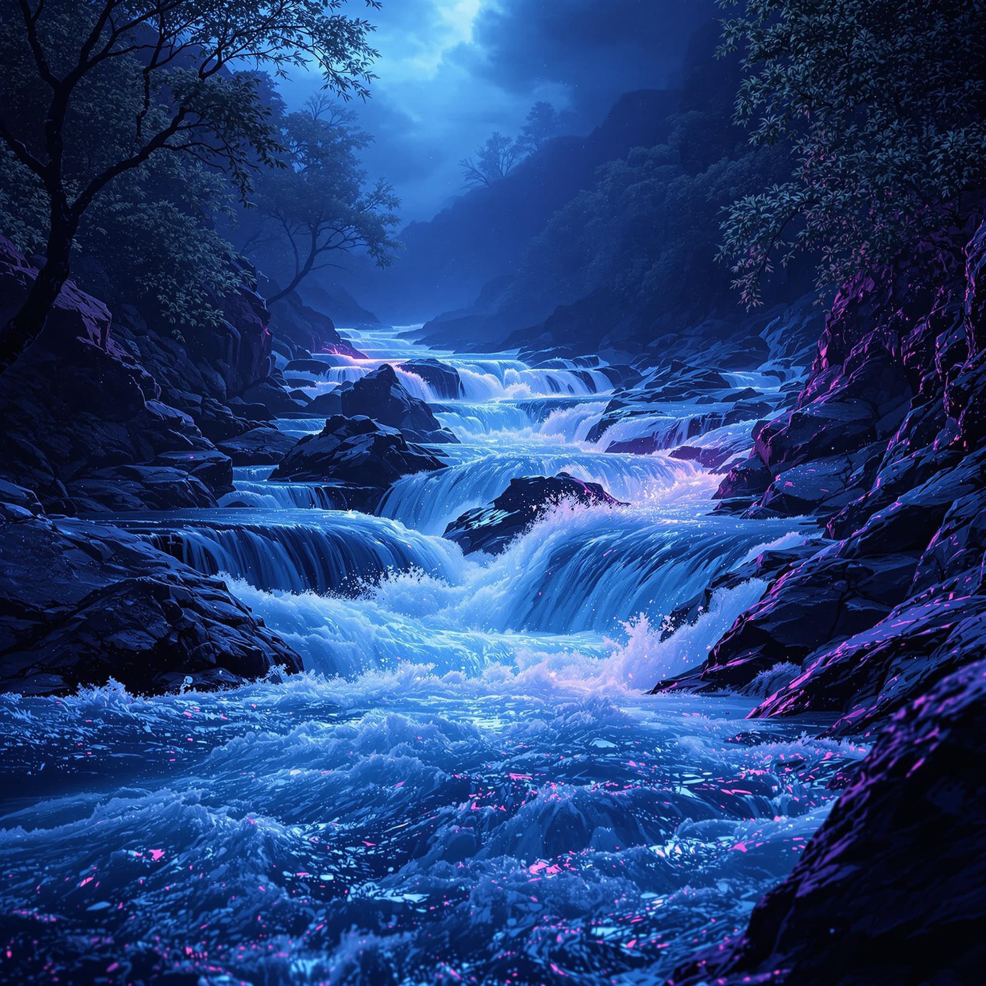 AI generated: Neon dark blue and purple colors, a river with rushed, powerful, forceful water, breaking rocks and ...