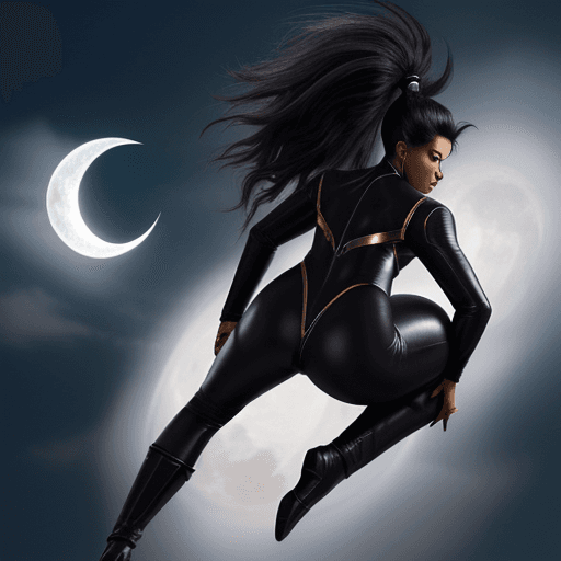 AI generated: Marvel's STORM dark brown skin, rear view, wearing a skintight black shiny leather suit in gold trim...