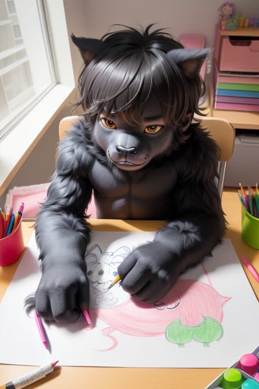 AI generated: anthro monster drawing, cute monster drawing human on canvas, ((drawn by a kid)), child's drawing, (...