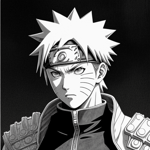 AI generated: a manga drawing of Naruto, close up shot, in the style of Kentaro Miura , black background, low angl...