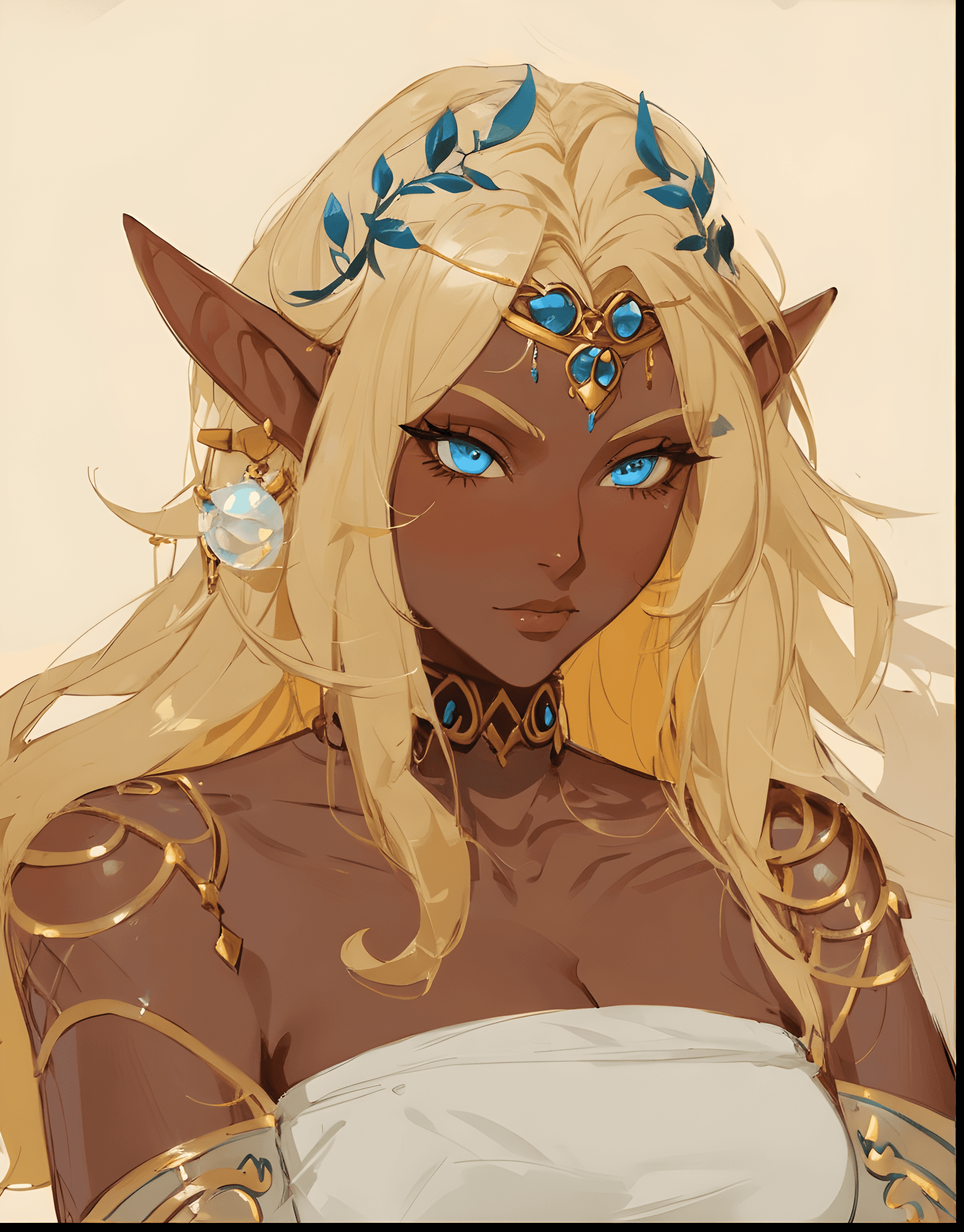 AI generated: a painting of a woman with blonde hair and blue eyes, inspired by senior character artist, fantasy a...