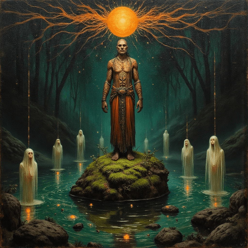 AI generated: Craft an Old Master painting- An abstract, mystical painting of a man standing on a mossy rock in th...