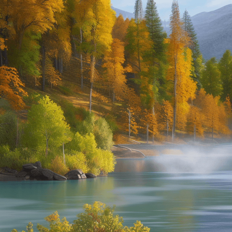 AI generated: photorealistic oil on canvas, 
trees by a river and hill,
beautiful setting, fall
Foreground,
unreal...