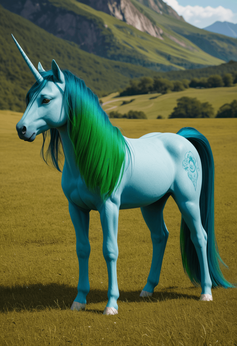 AI generated: Strong alicorn,dark blue hair with green mane and tail,dynamic colors,fantasy landscape setting,high...
