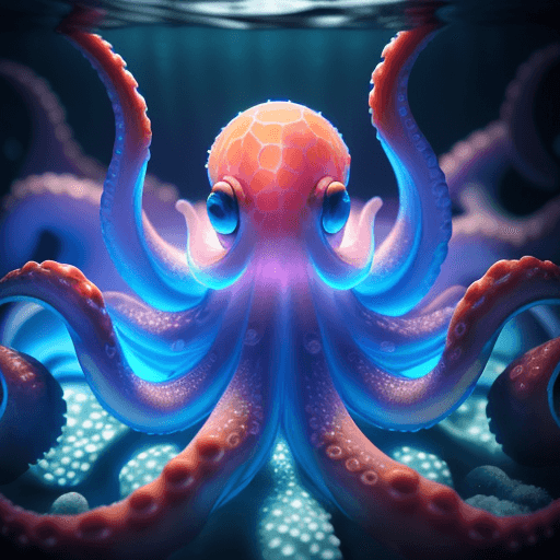 AI generated: Raw, masterpiece, perfectly centered, symmetrical, under water macro shot of a glowing octopus, cora...