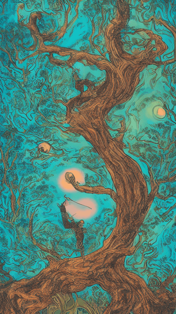 AI generated: a large circle of a person above a tree in an image, in the style of vibrant fantasy landscapes, tea...