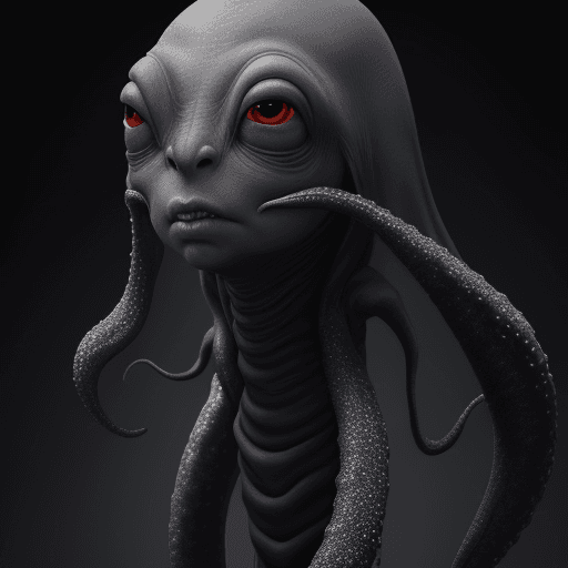 AI generated:  high quality foto of a black grey alien monster, close eyes, without mouth, long tentacle, big wart...
