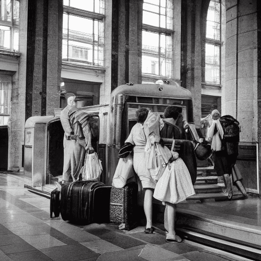 AI generated: Vintage-style travel photography of a train station in Europe, with passengers and old luggage.