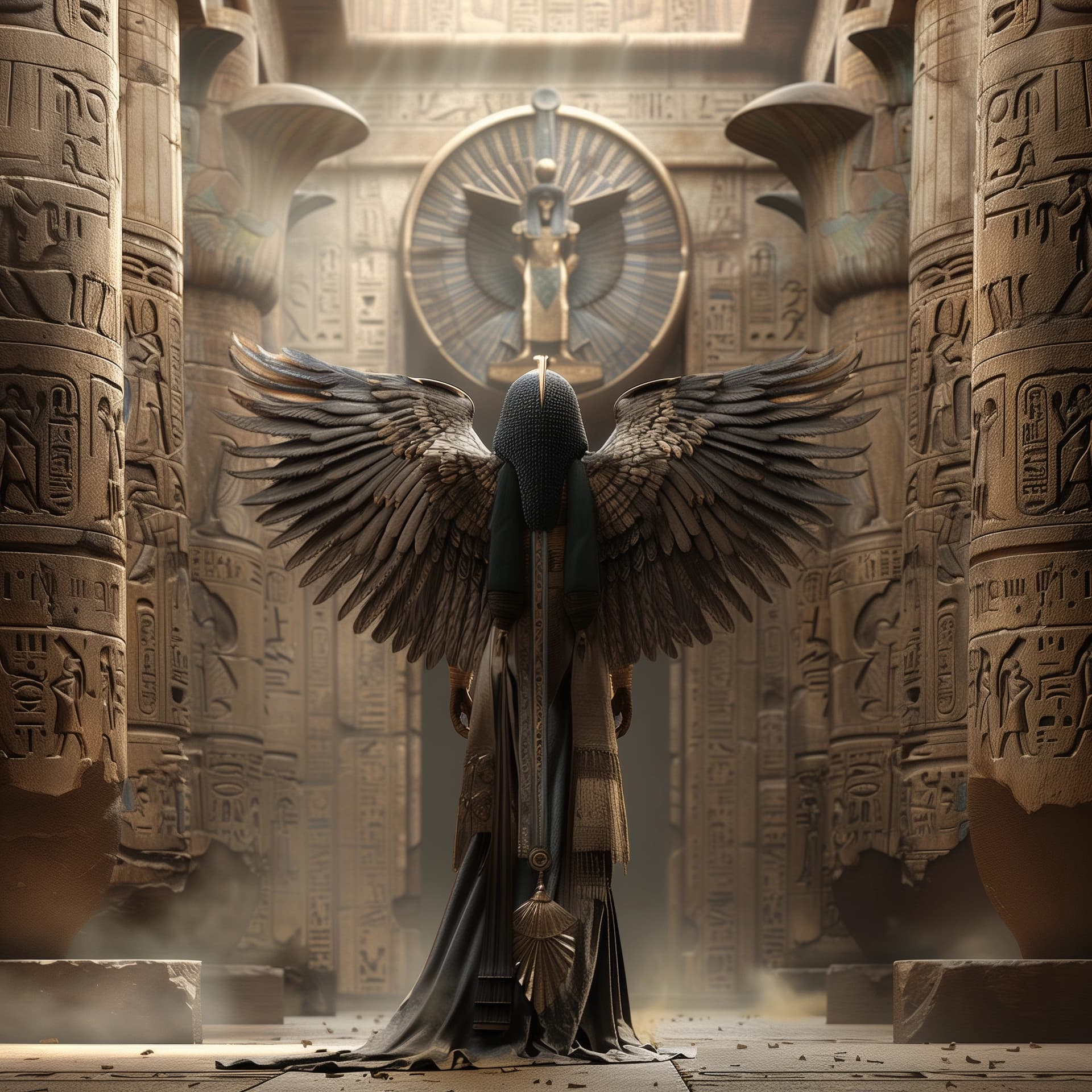 AI generated: Goddess Maat full body pose, standing in front of Her temple in Egypt with initiates of the Mysterie...