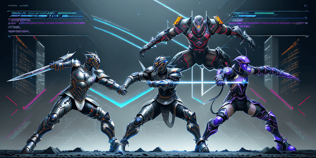 AI generated: Digital art, ultra-high-resolution, dynamic scene of an epic battle between developers styled as fut...