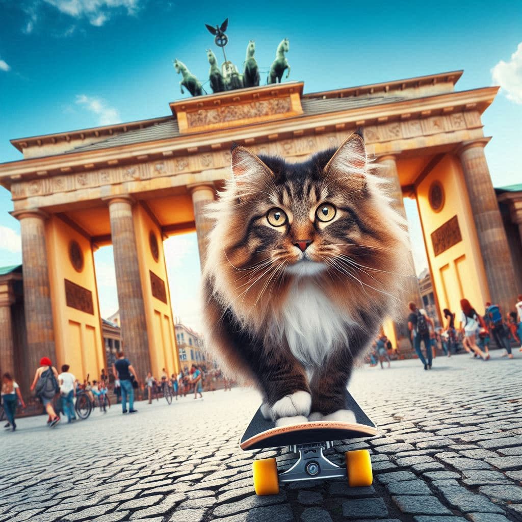 AI generated: A Maine Coon skateboarding in Berlin, neorealism
