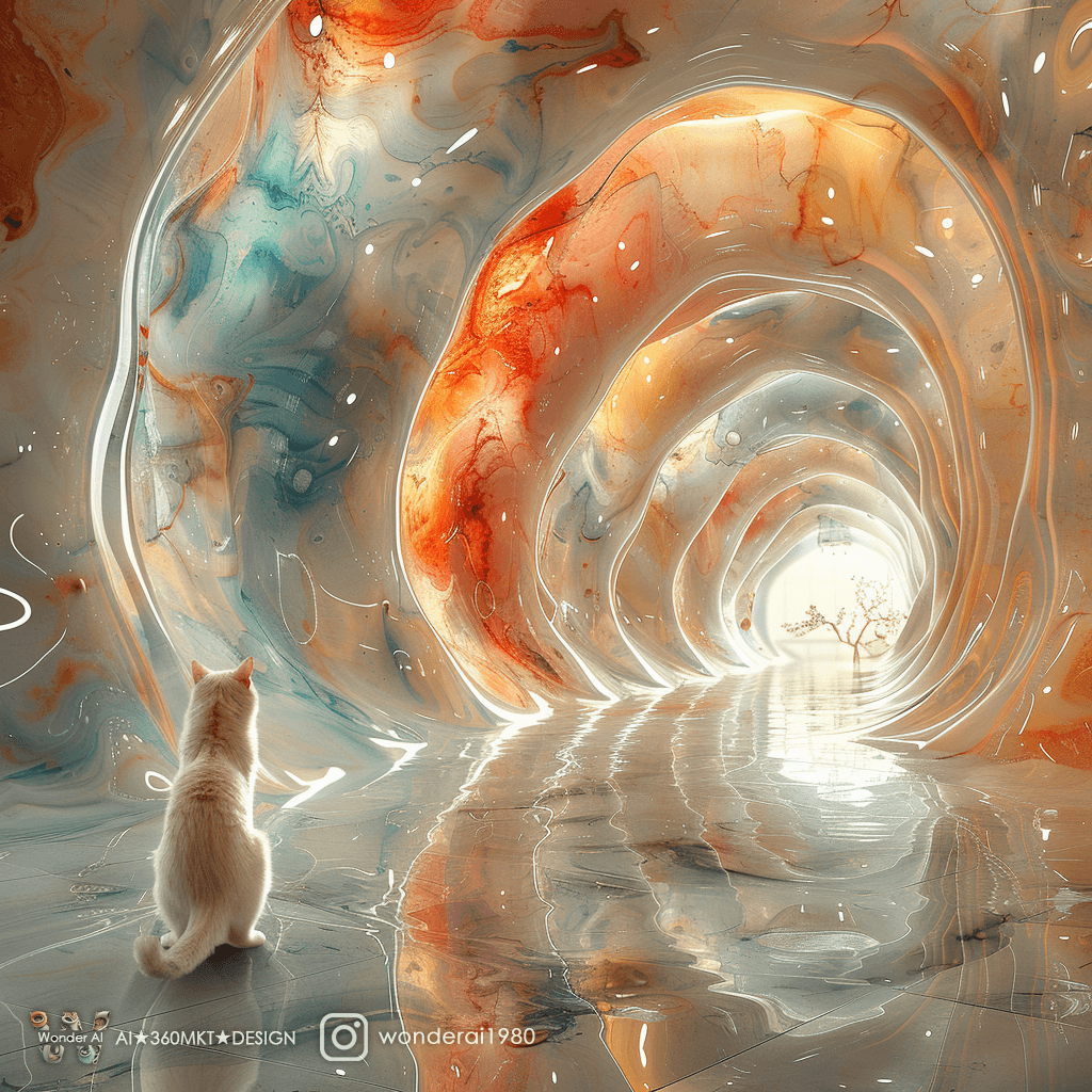 AI generated: ((an anthropomorphic cute cat, wearing an alcohol ink colored haute couture dress)), ((walking in ar...