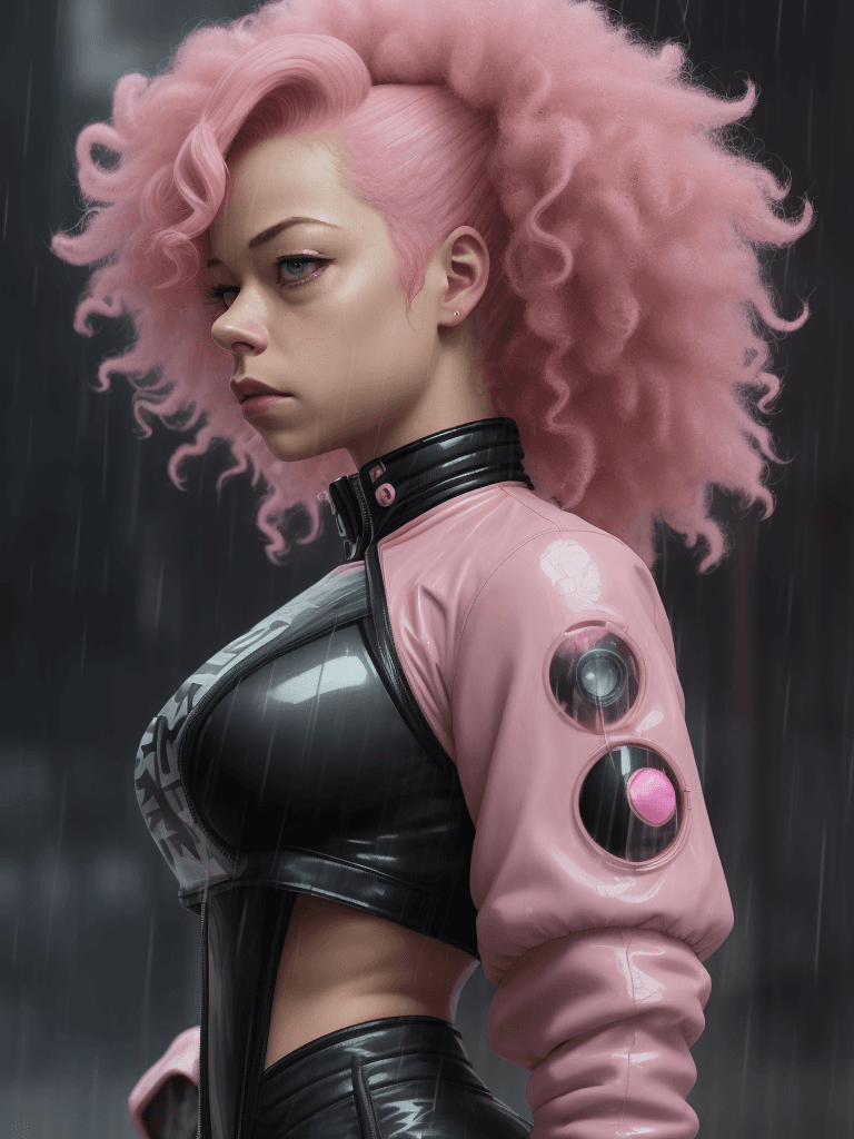 AI generated: a woman with pink hair standing in the rain, ((Tatiana Maslany)), wearing a (crop jacket), on top of...