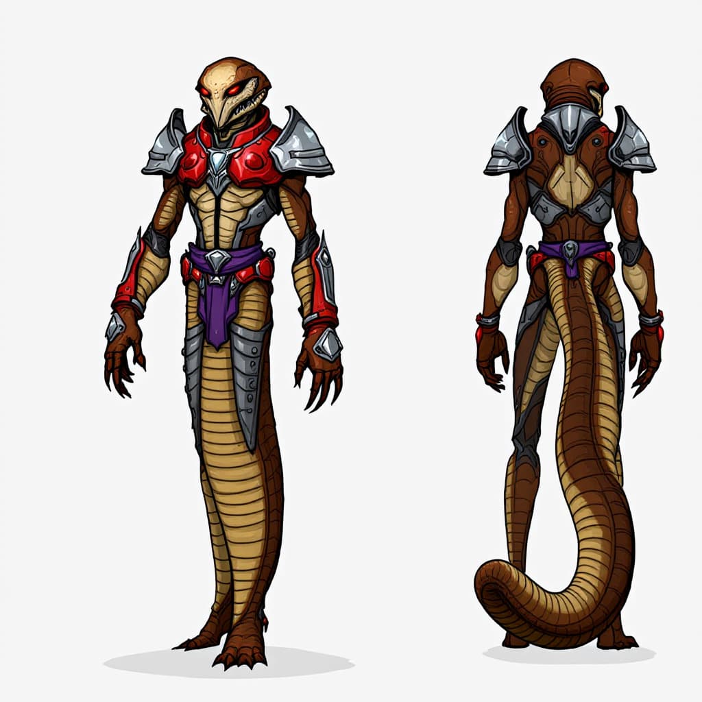 AI generated: A full-body character reference sheet of a humanoid alien with snake-like features, shown from front...