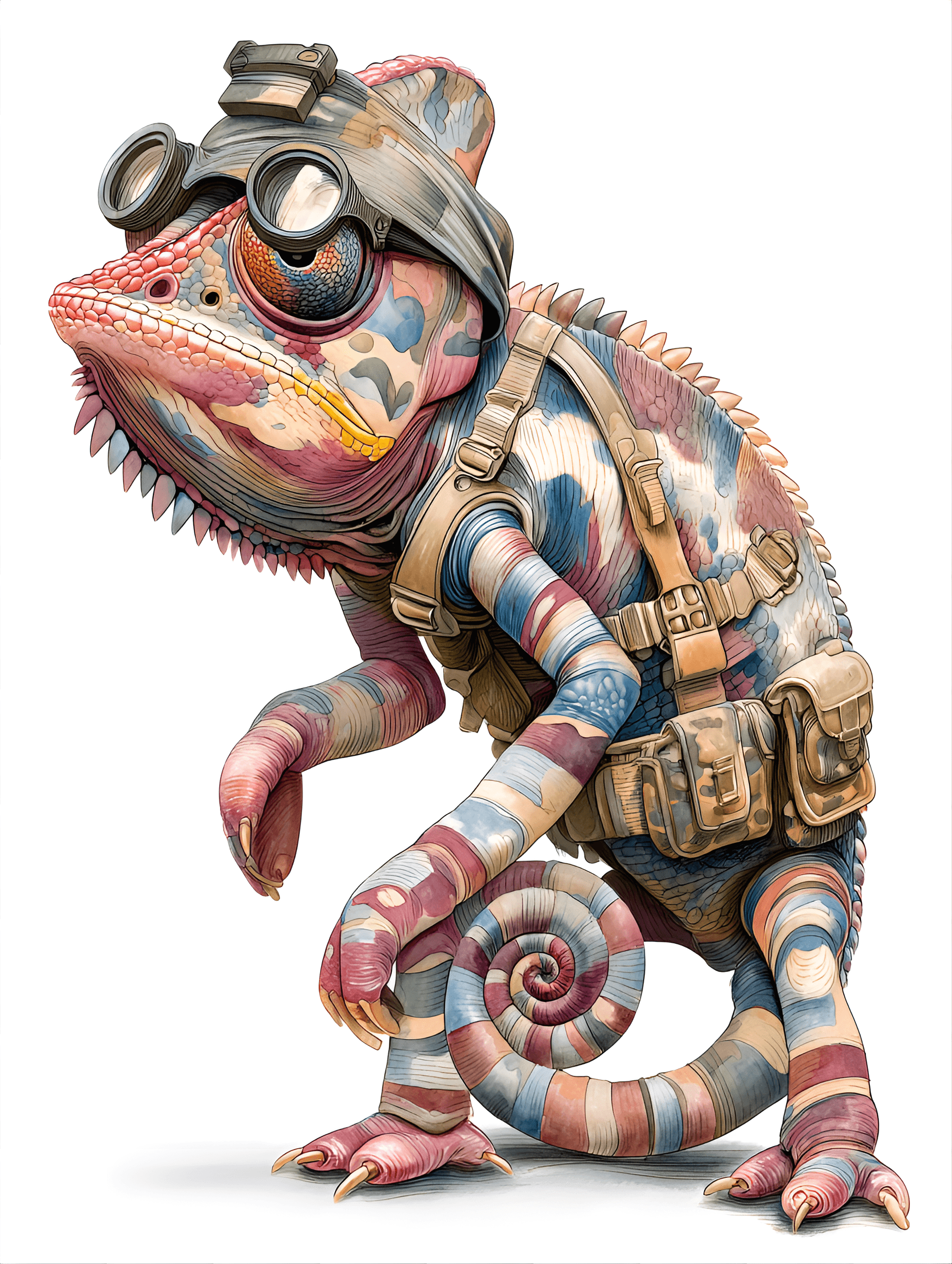 AI generated: funny caricature, chameleon animal caricature, juvenile exotic male, 2 years old, colorful scales, c...