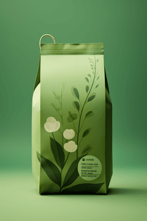 AI generated: Package Design: microscopy, symmetry of a eco-friendly beverage bag with a sustainable label design,...