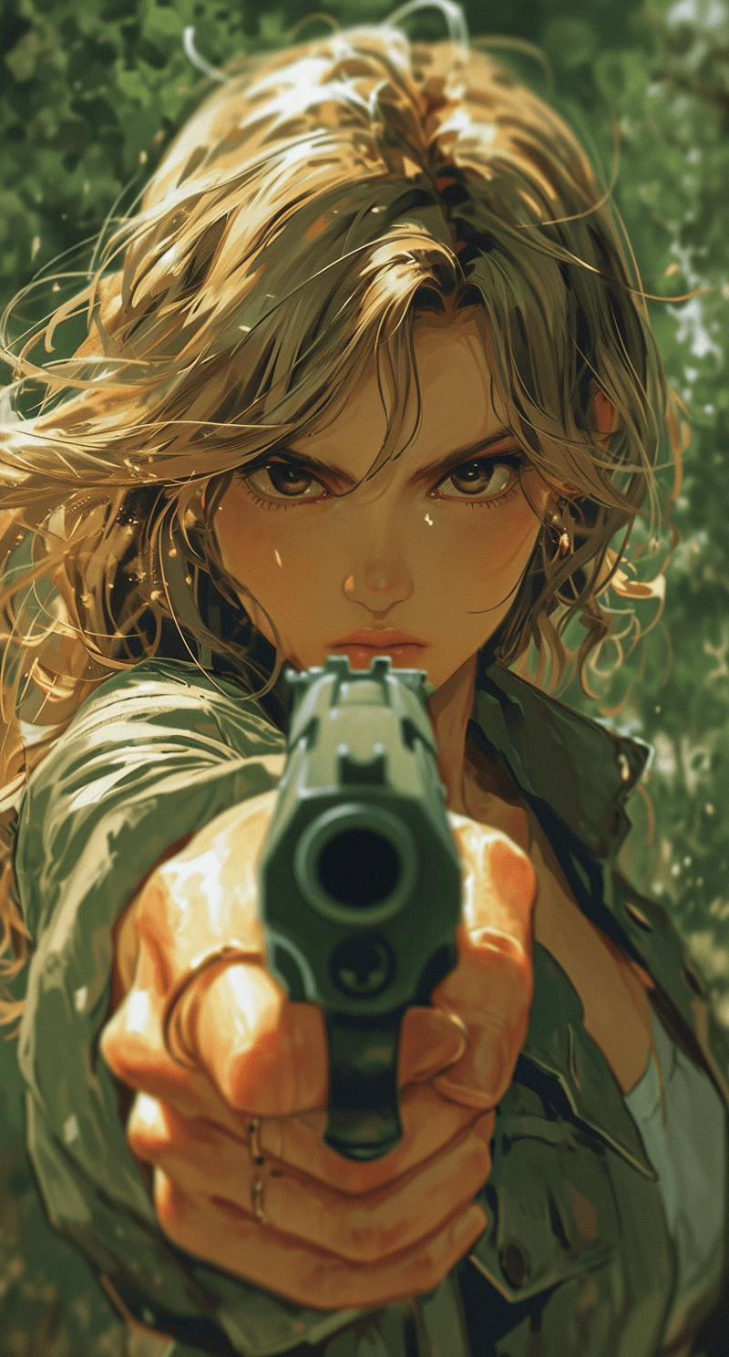 AI generated: a girl holding a gun in her hand, in the style of anime art, light brown and green, strong facial ex...