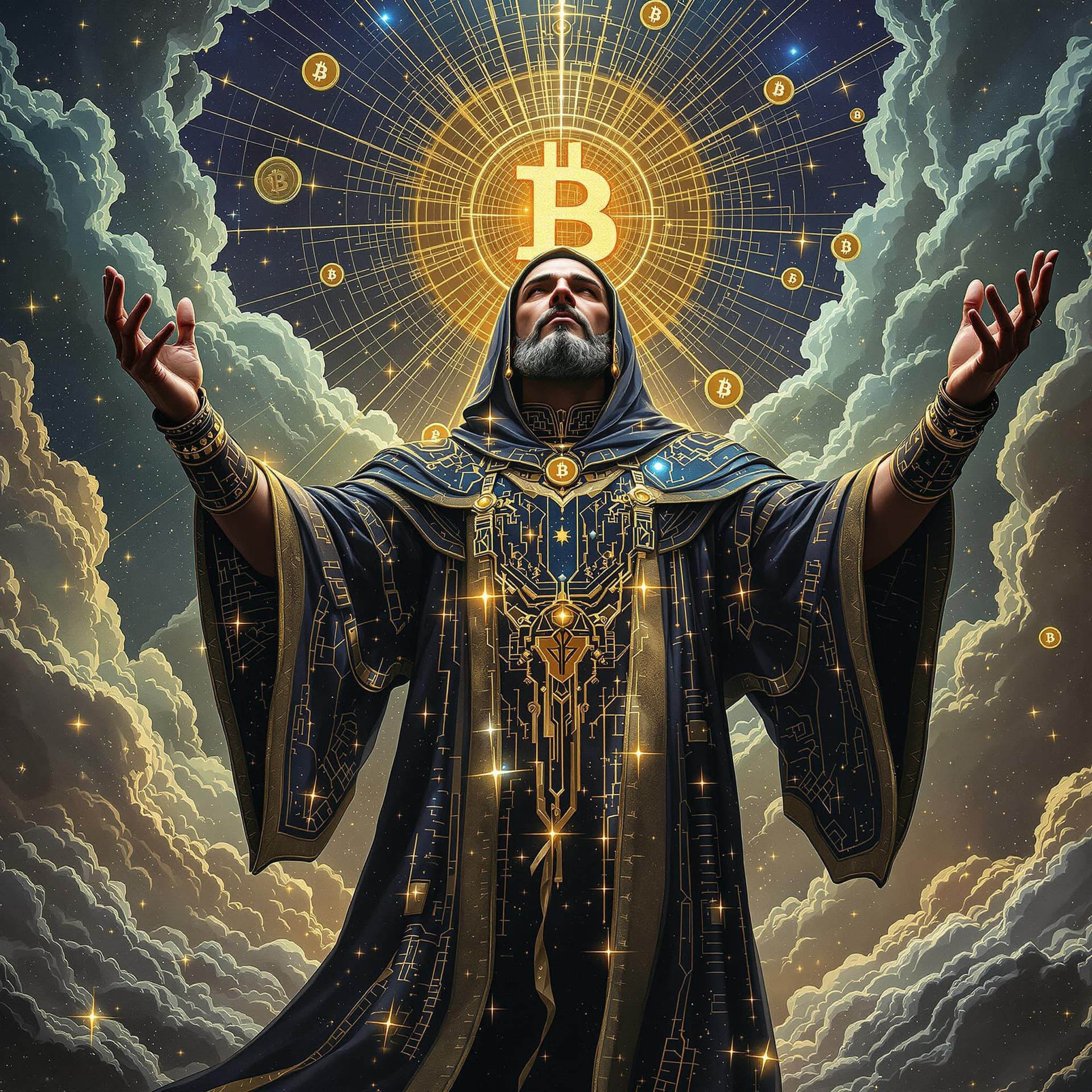 AI generated: a bitcoin prophet worshipping bitcoin, futuristic high-tech spiritualism, photorealism --q 2 --v 5
