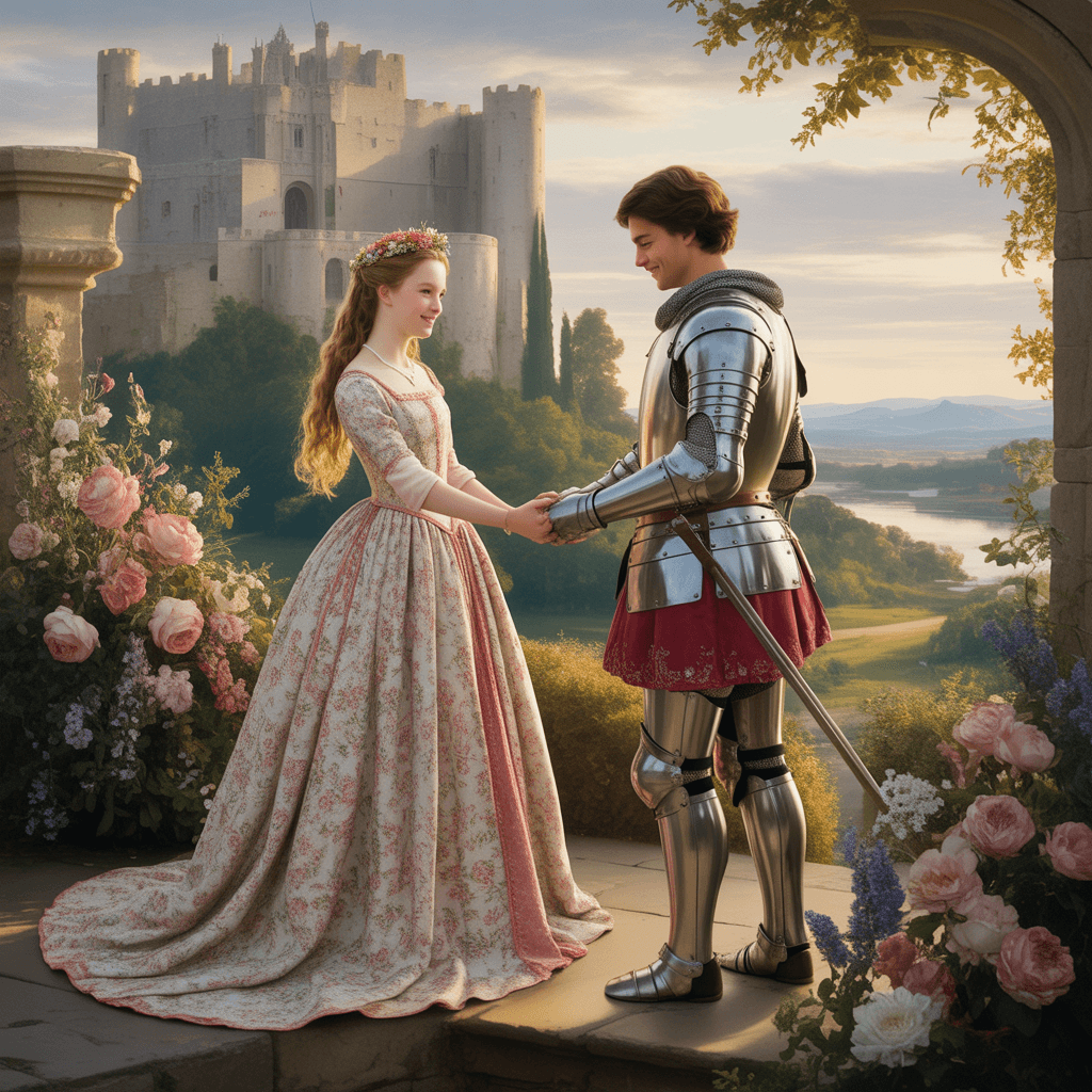 AI generated: A princess in a long floral dress, crowned with flowers, in front of an ancient stone castle, holdin...