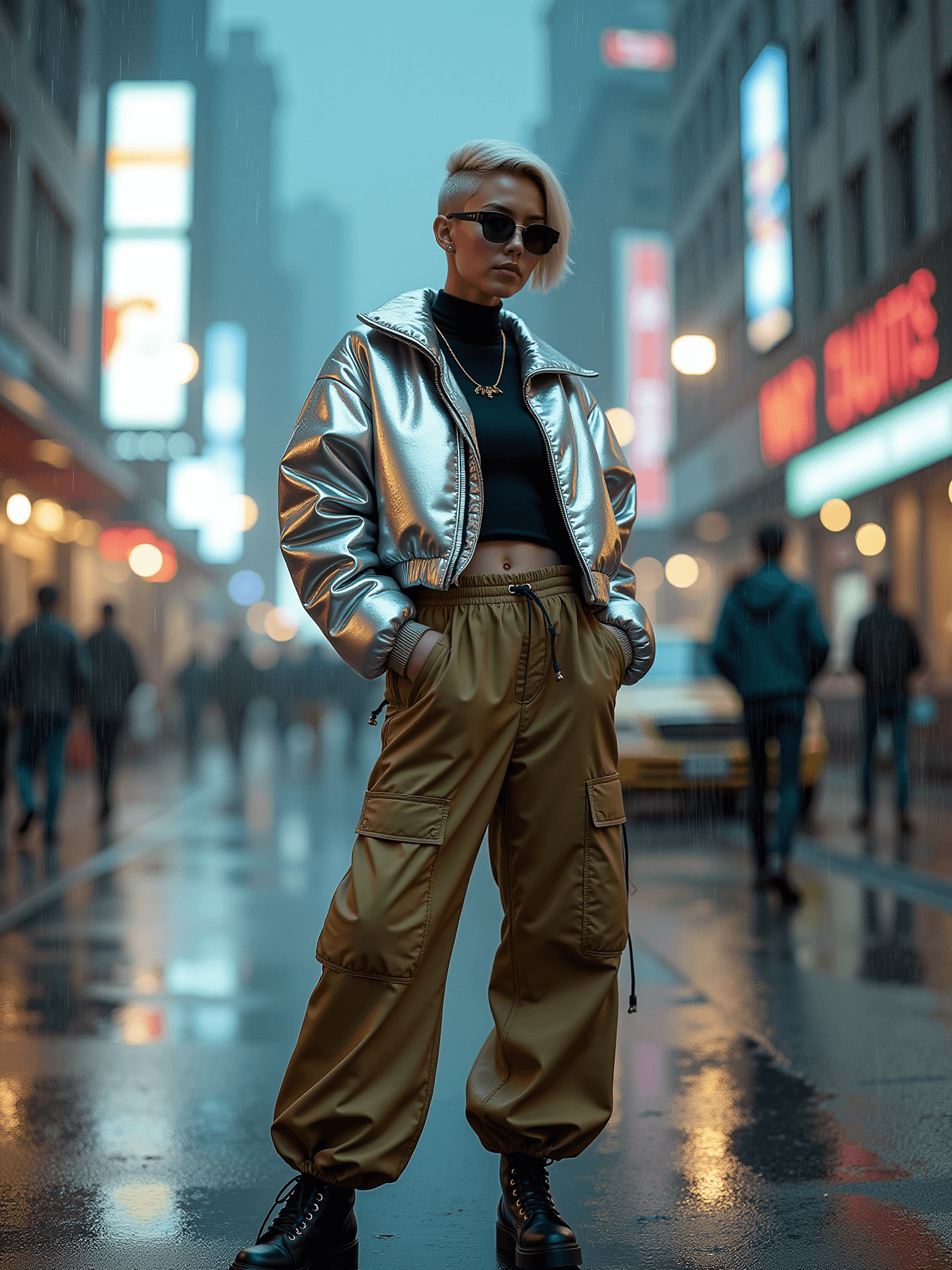 AI generated: Futuristic Street Rebel: A blonde woman with an asymmetrical pixie cut, rocking oversized khaki bagg...