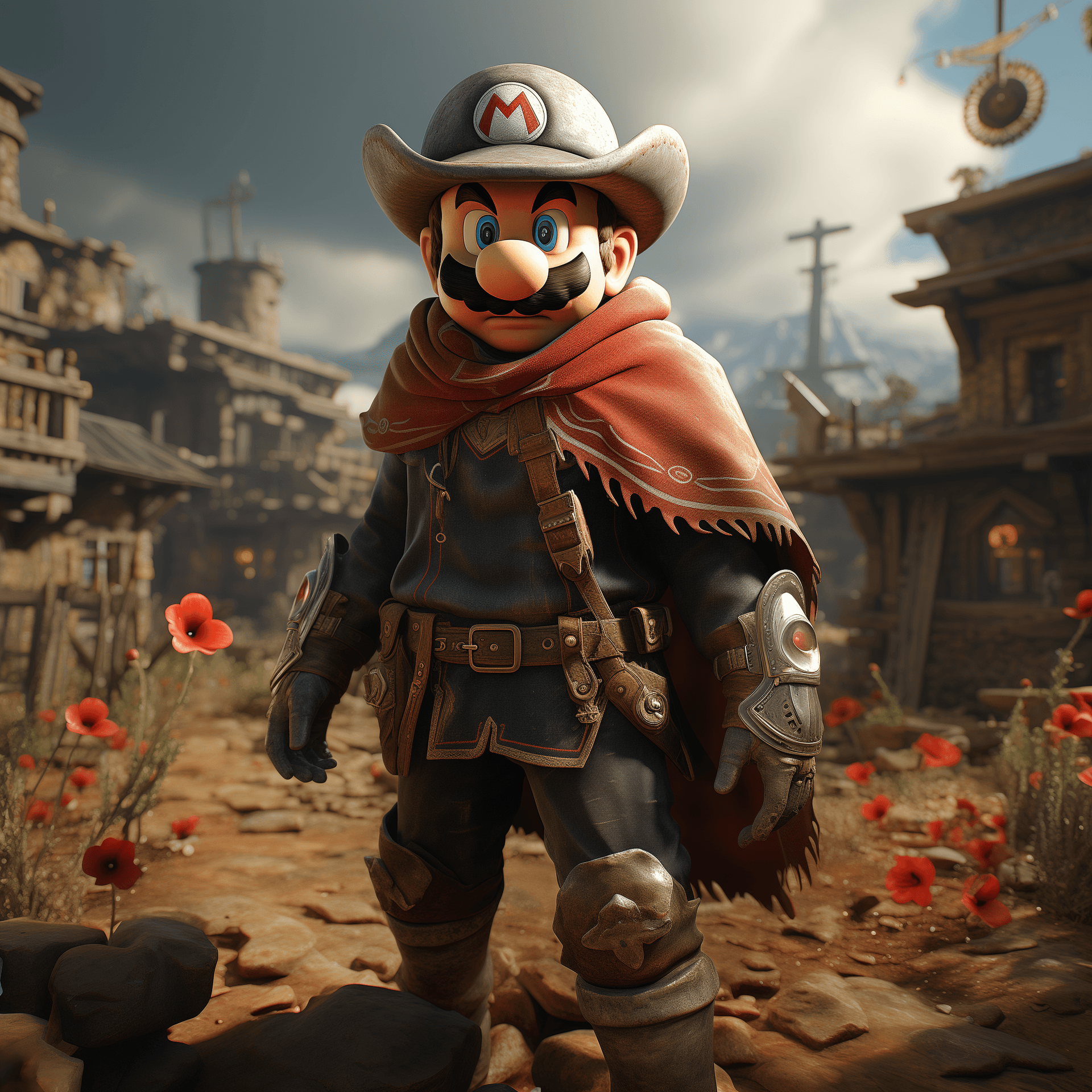 AI generated: Super Mario dressed as a cowboy from Red Dead Redemption, Mario has a pancho, a cowboy hat, boots, c...