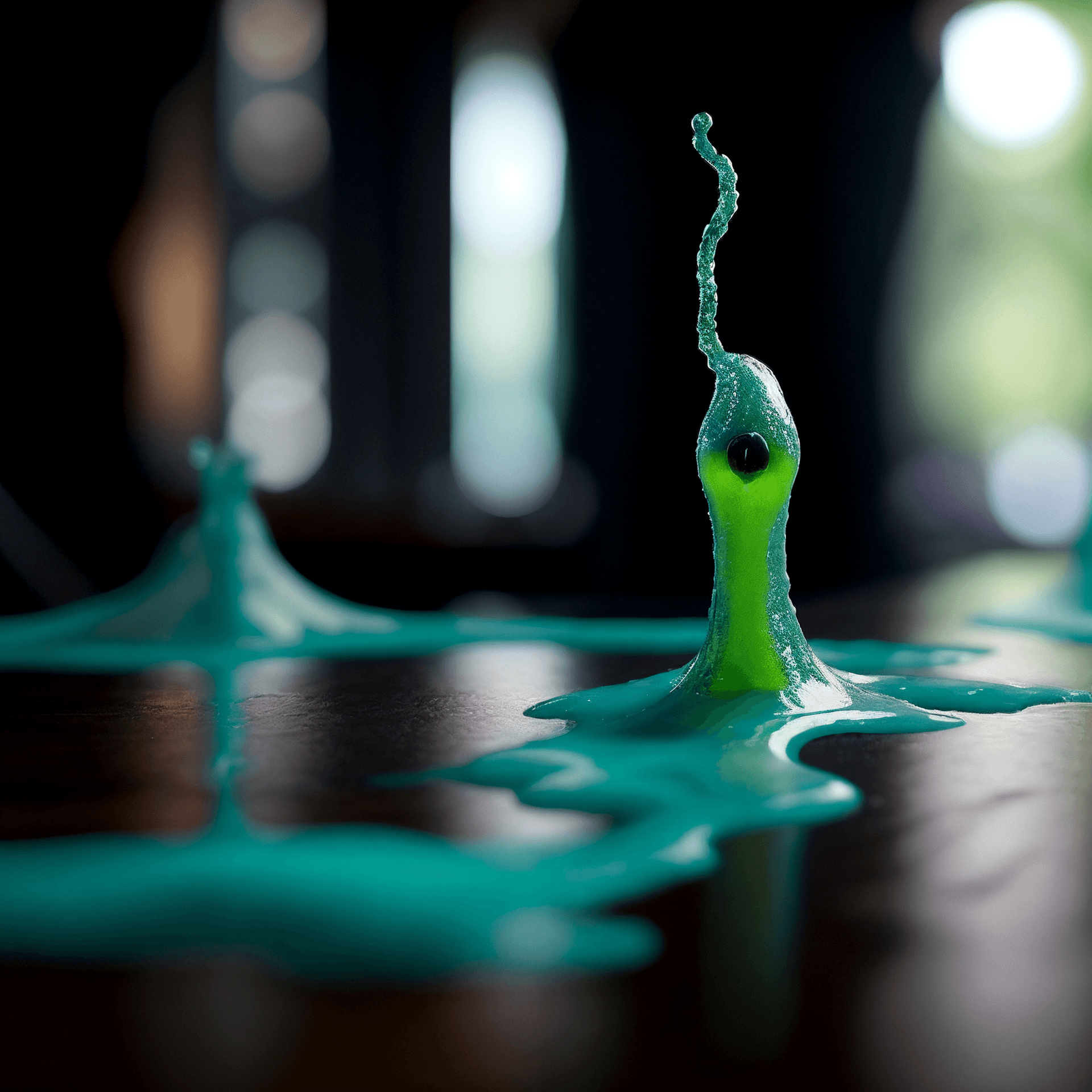 AI generated: on a table, [[extraterrestrial life form made of ferrofluidic magnetic fluid of black color boozing ...