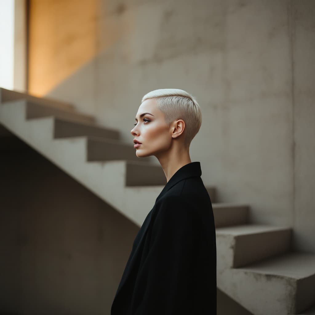 AI generated: Pale-skinned woman with short, slicked-back hair, viewed from the shoulders up in left profile. Her ...