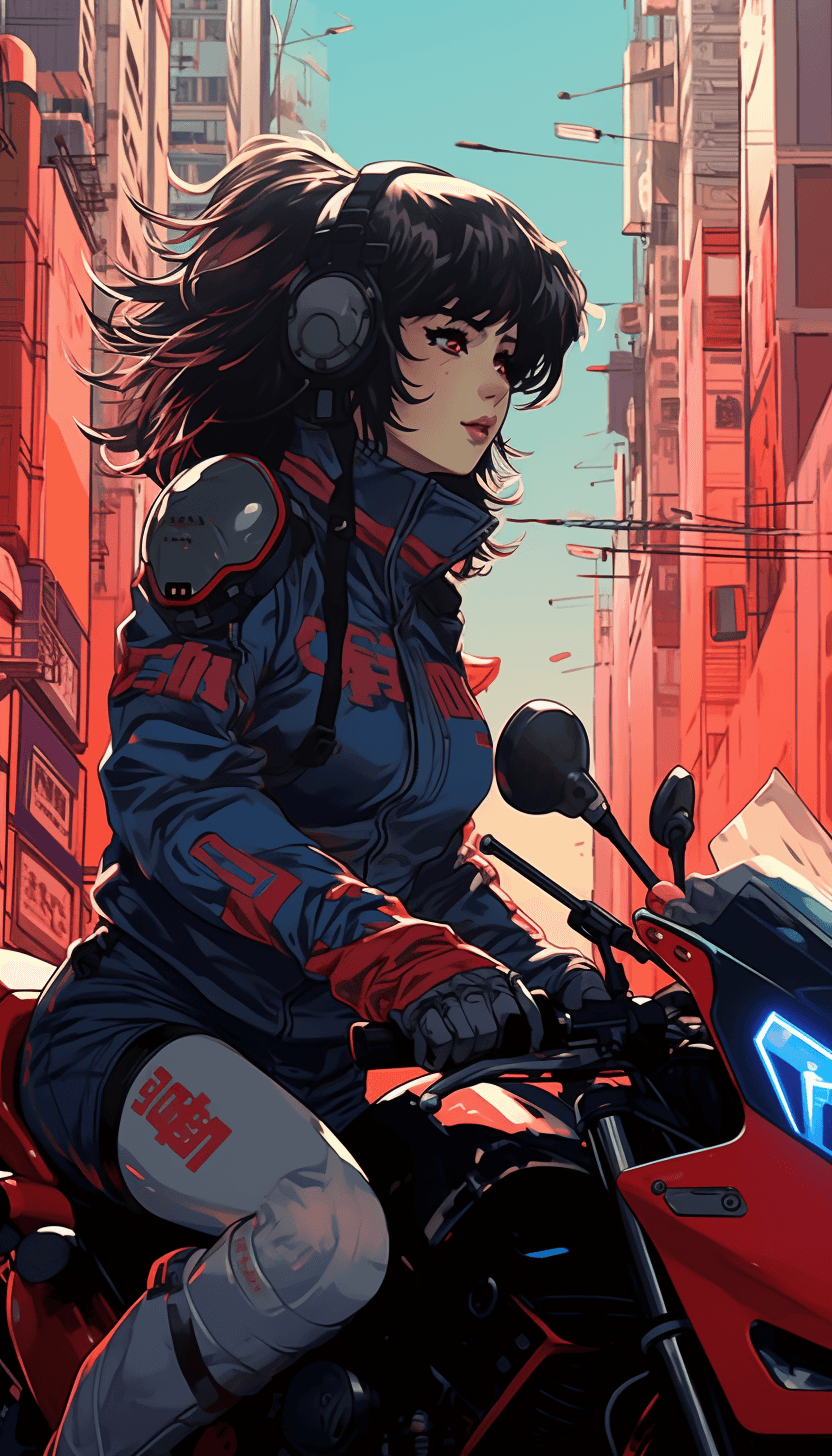 AI generated: side view, full body, 80's anime style, retrofuture, a woman wearing helmet, riding motorcycle in th...