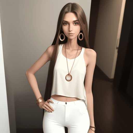 AI generated: tall, skinny girl with long brown straight hair, brown and green eyes, she is wearing gold circle ea...