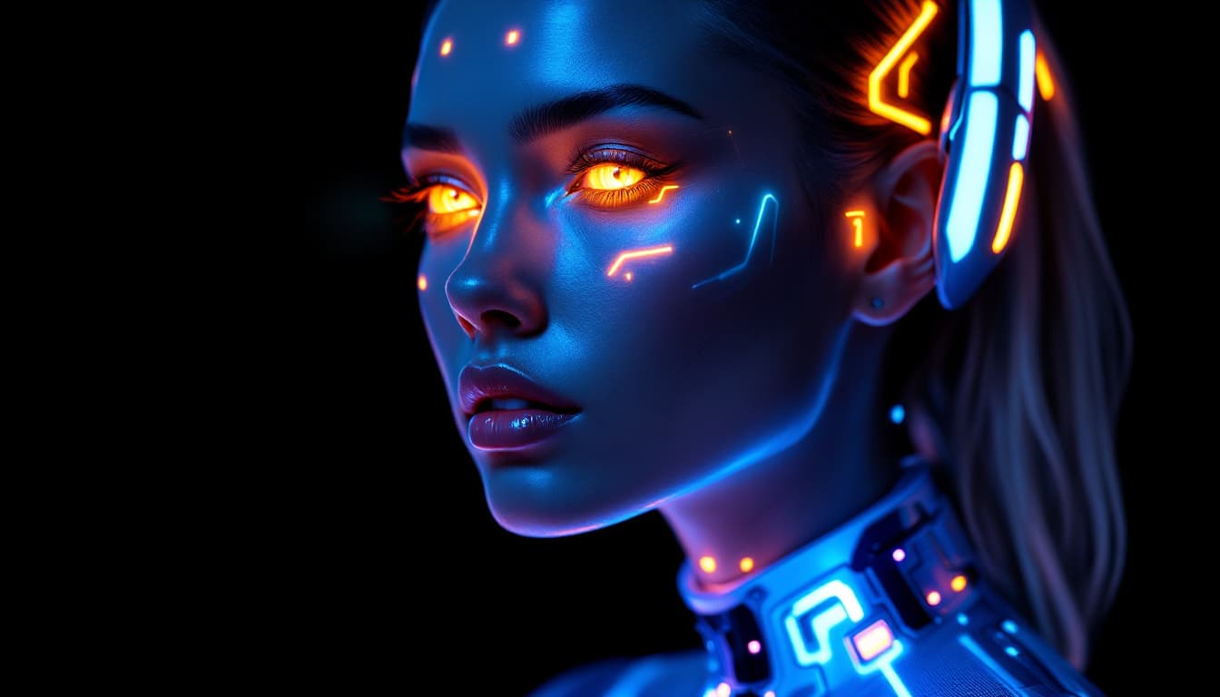 AI generated: Portrait of a synthetic woman with electroluminescent panels seamlessly embedded in her skin, pulsat...